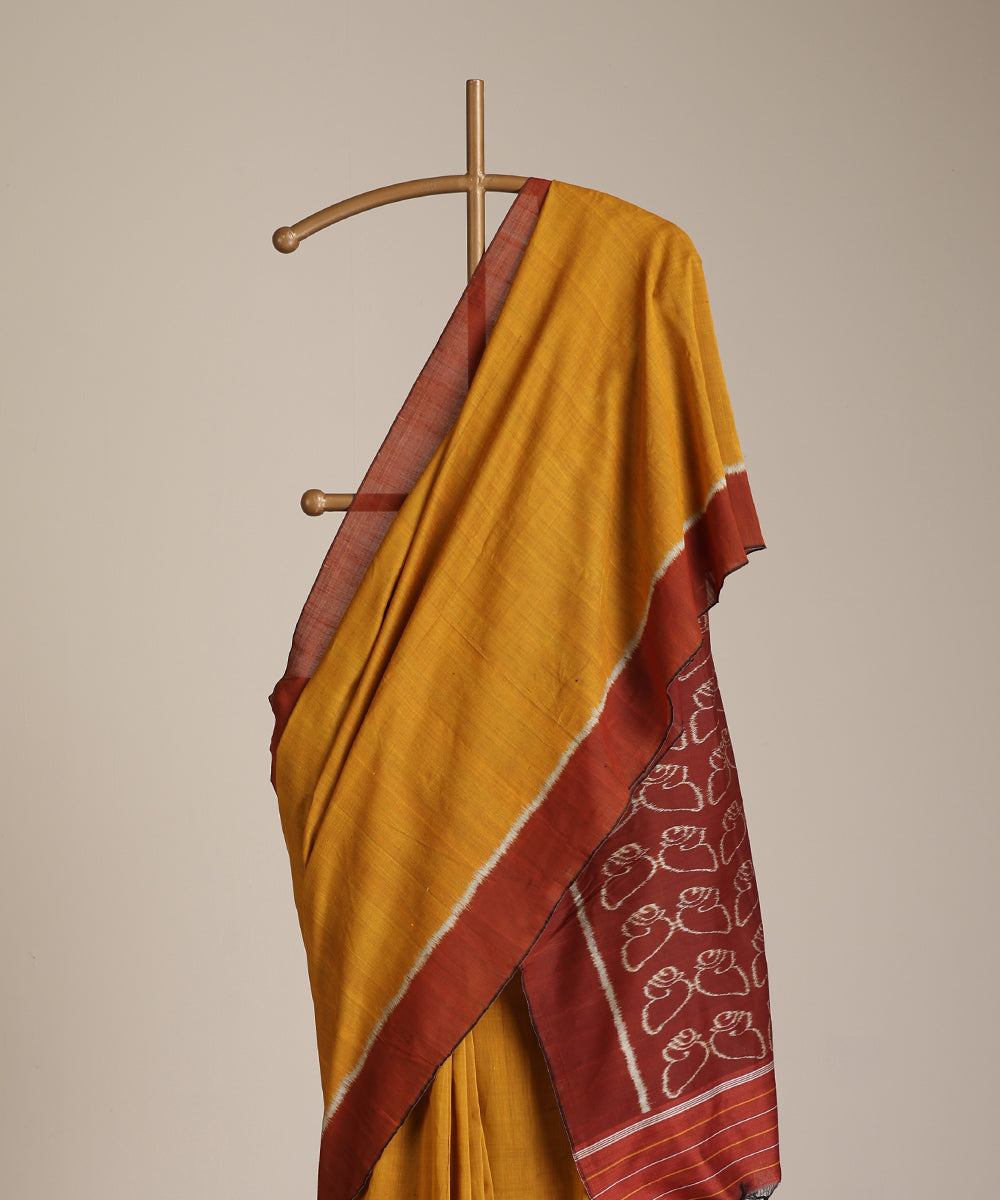 Mustard Handloom Cotton Silk Ikat Saree With Shankh Motif