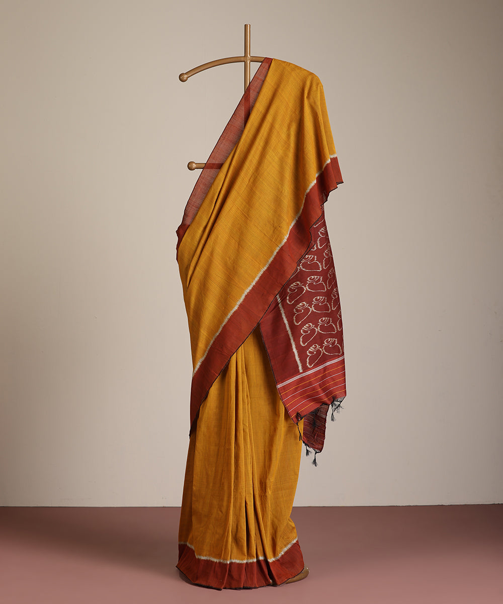Mustard Handloom Cotton Silk Ikat Saree With Shankh Motif