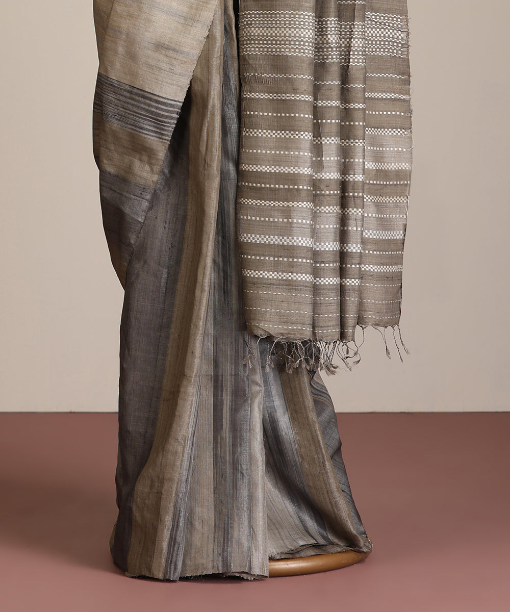 Grey-Charcoal Handloom Tussar Ikat Saree With Gradient Hues