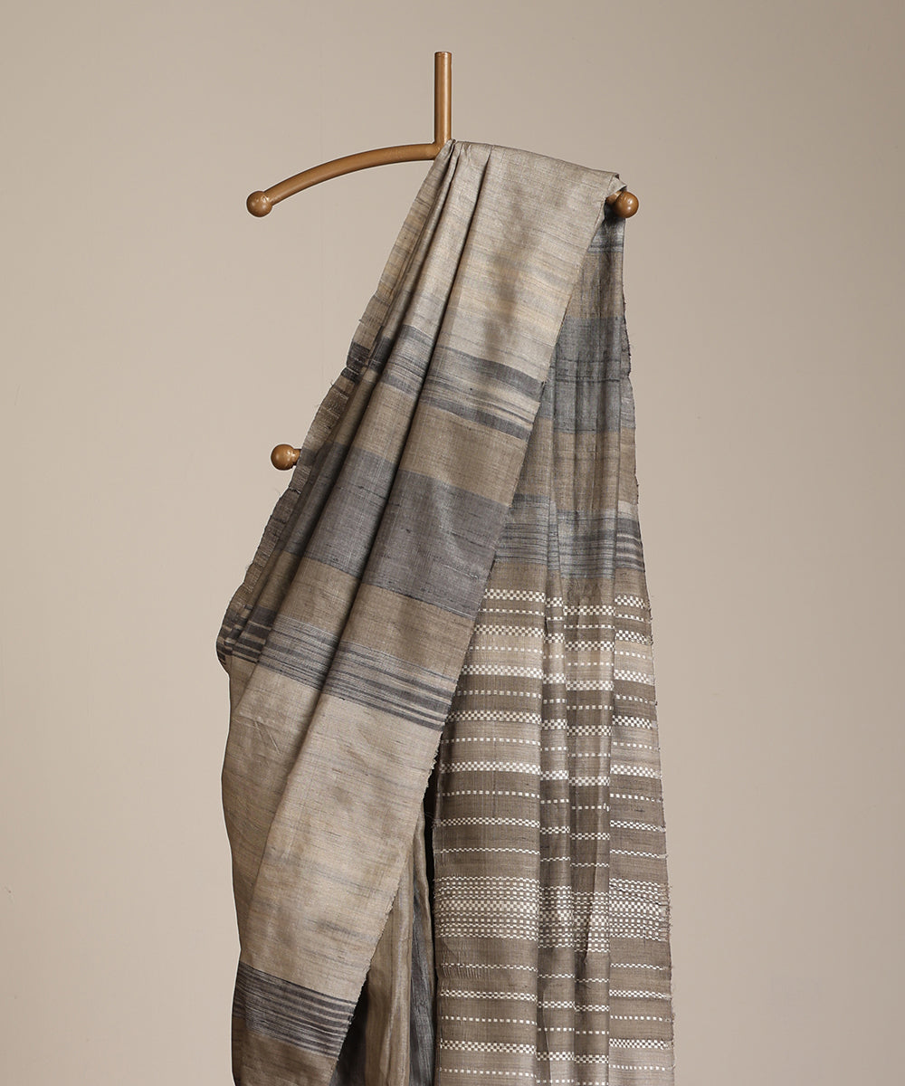 Grey-Charcoal Handloom Tussar Ikat Saree With Gradient Hues