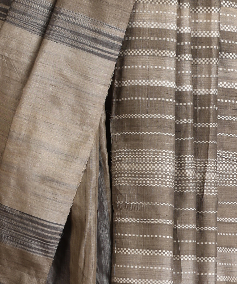 Grey-Charcoal Handloom Tussar Ikat Saree With Gradient Hues