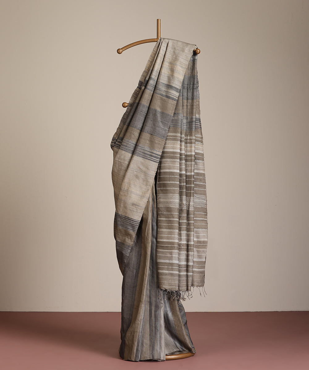 Grey-Charcoal Handloom Tussar Ikat Saree With Gradient Hues