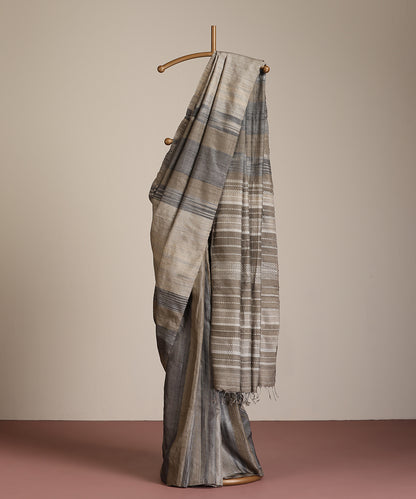 Grey-Charcoal Handloom Tussar Ikat Saree With Gradient Hues