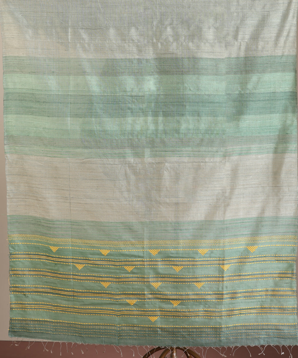 Grey-Green Handloom Tussar Ikat Saree With Gradient Hues