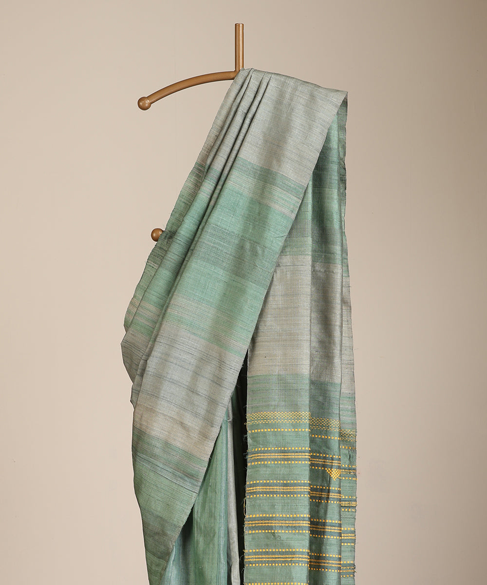 Grey-Green Handloom Tussar Ikat Saree With Gradient Hues