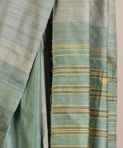 Grey-Green Handloom Tussar Ikat Saree With Gradient Hues