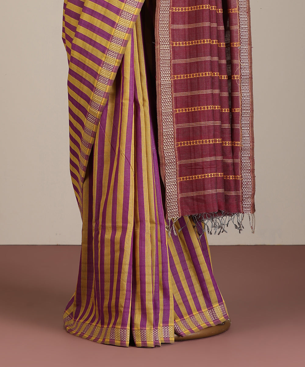 Magenta-Mustard Handloom Striped Tussar Ikat Saree