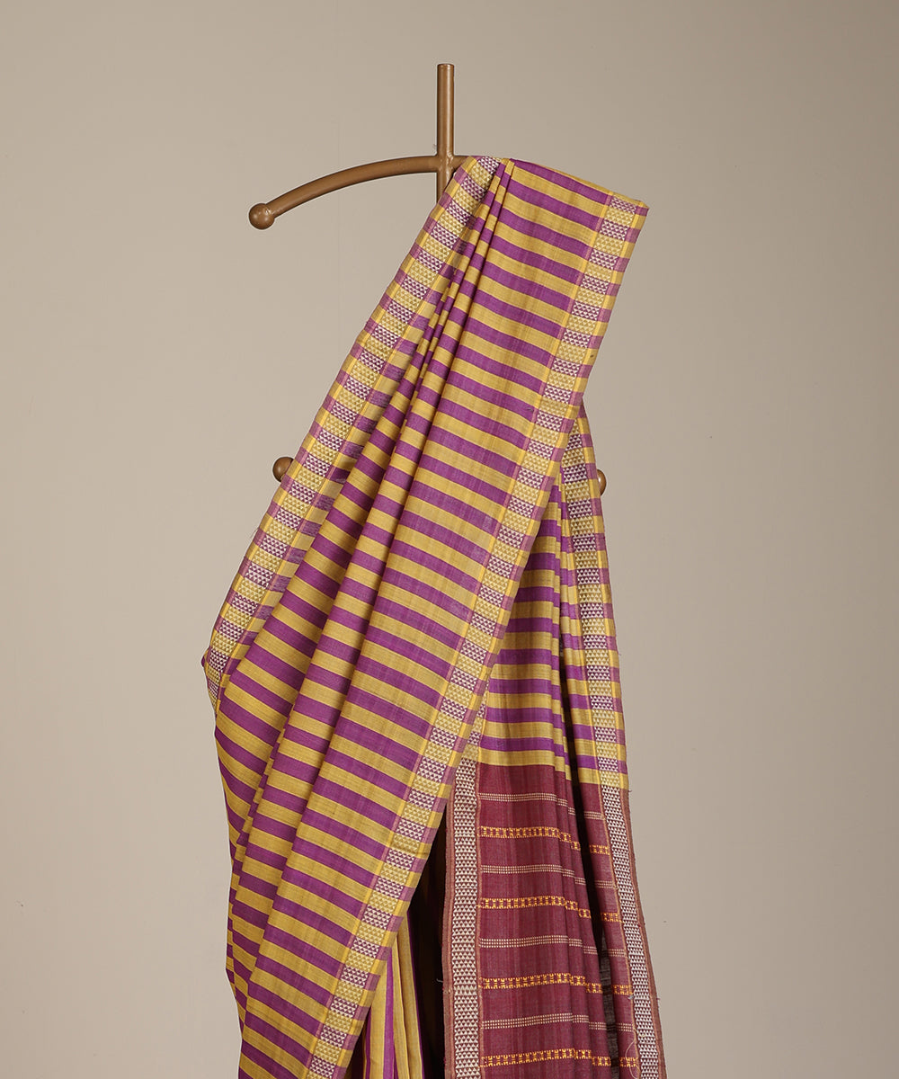 Magenta-Mustard Handloom Striped Tussar Ikat Saree