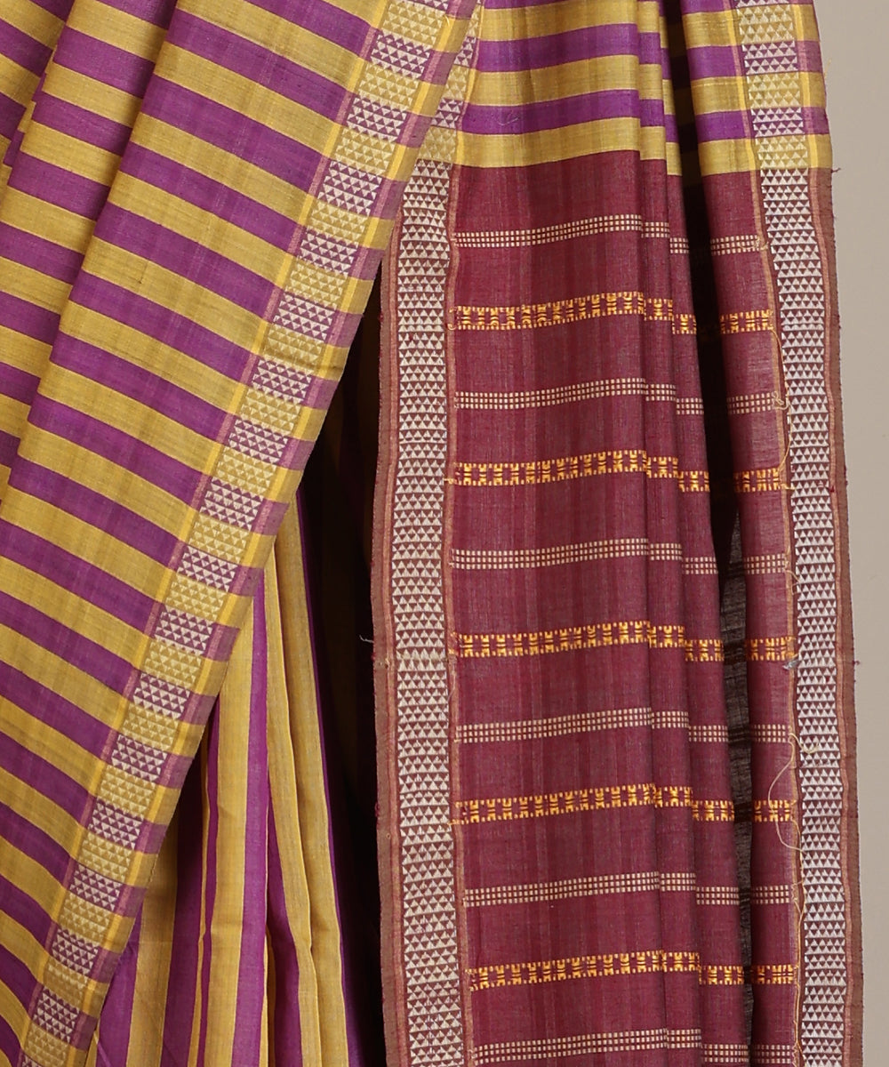 Magenta-Mustard Handloom Striped Tussar Ikat Saree