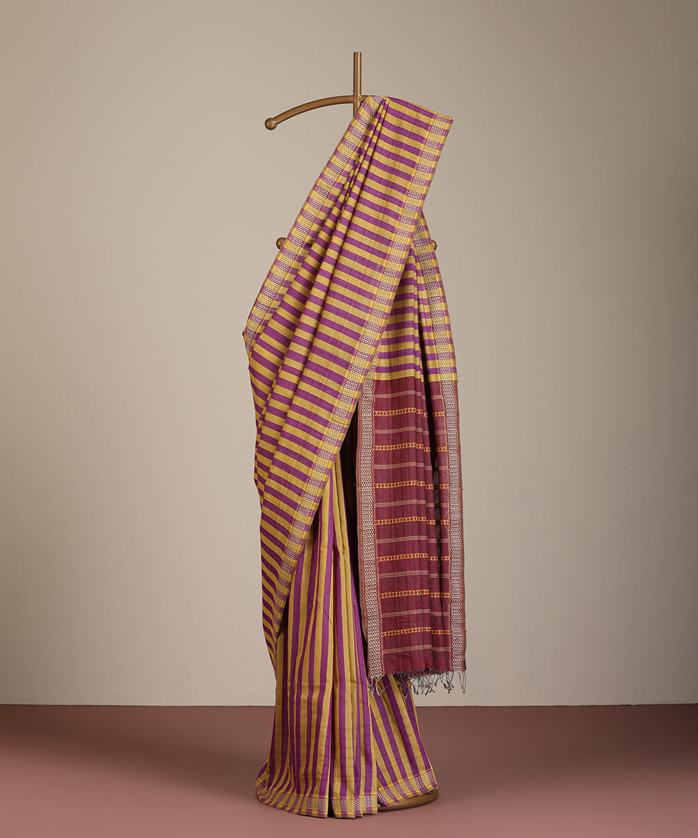 Magenta-Mustard Handloom Striped Tussar Ikat Saree
