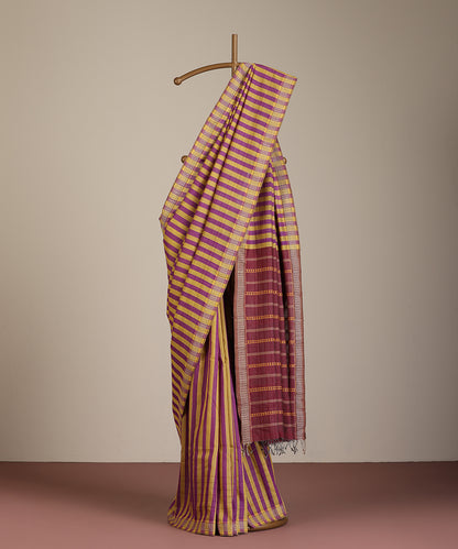 Magenta-Mustard Handloom Striped Tussar Ikat Saree
