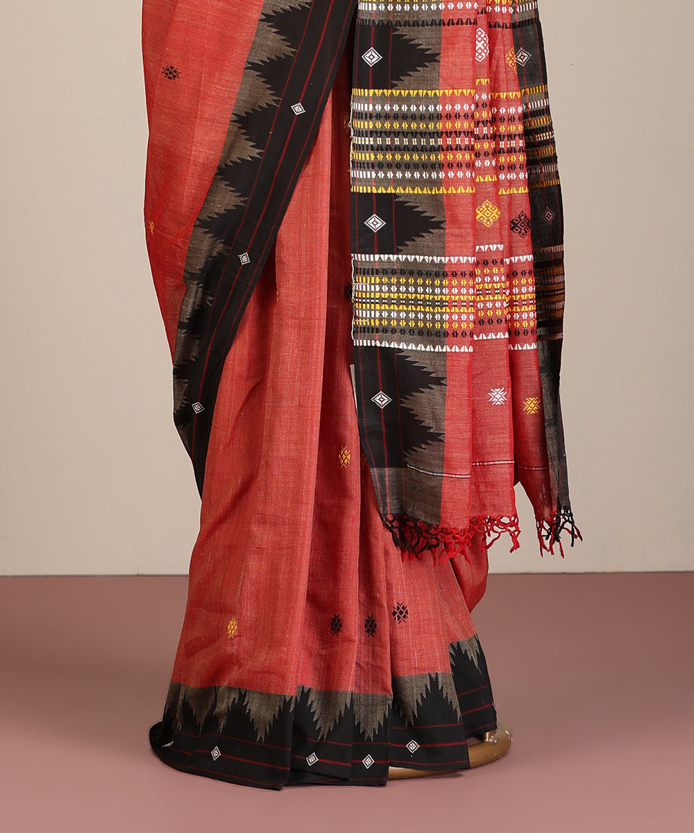 Brick Red Handloom Cotton Tussar Kotpad Ikat Saree With Coloured Motifs Pallu