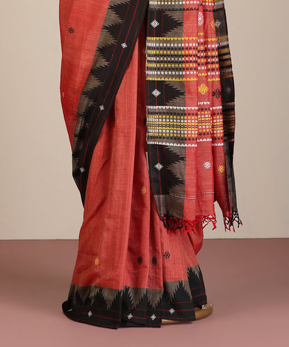 Brick Red Handloom Cotton Tussar Kotpad Ikat Saree With Coloured Motifs Pallu