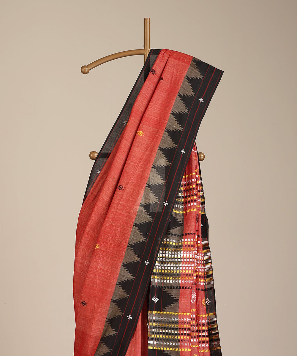 Brick Red Handloom Cotton Tussar Kotpad Ikat Saree With Coloured Motifs Pallu