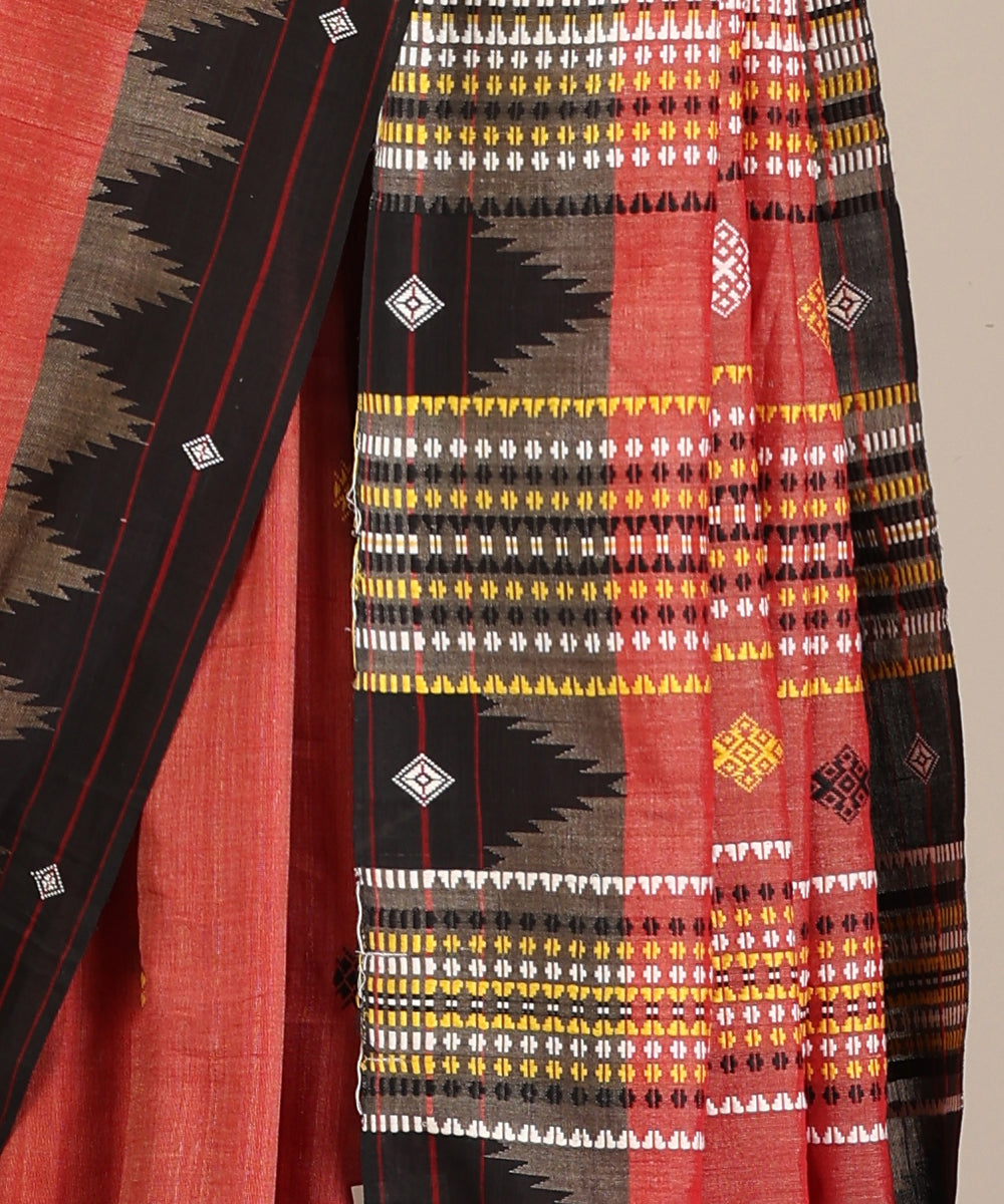Brick Red Handloom Cotton Tussar Kotpad Ikat Saree With Coloured Motifs Pallu