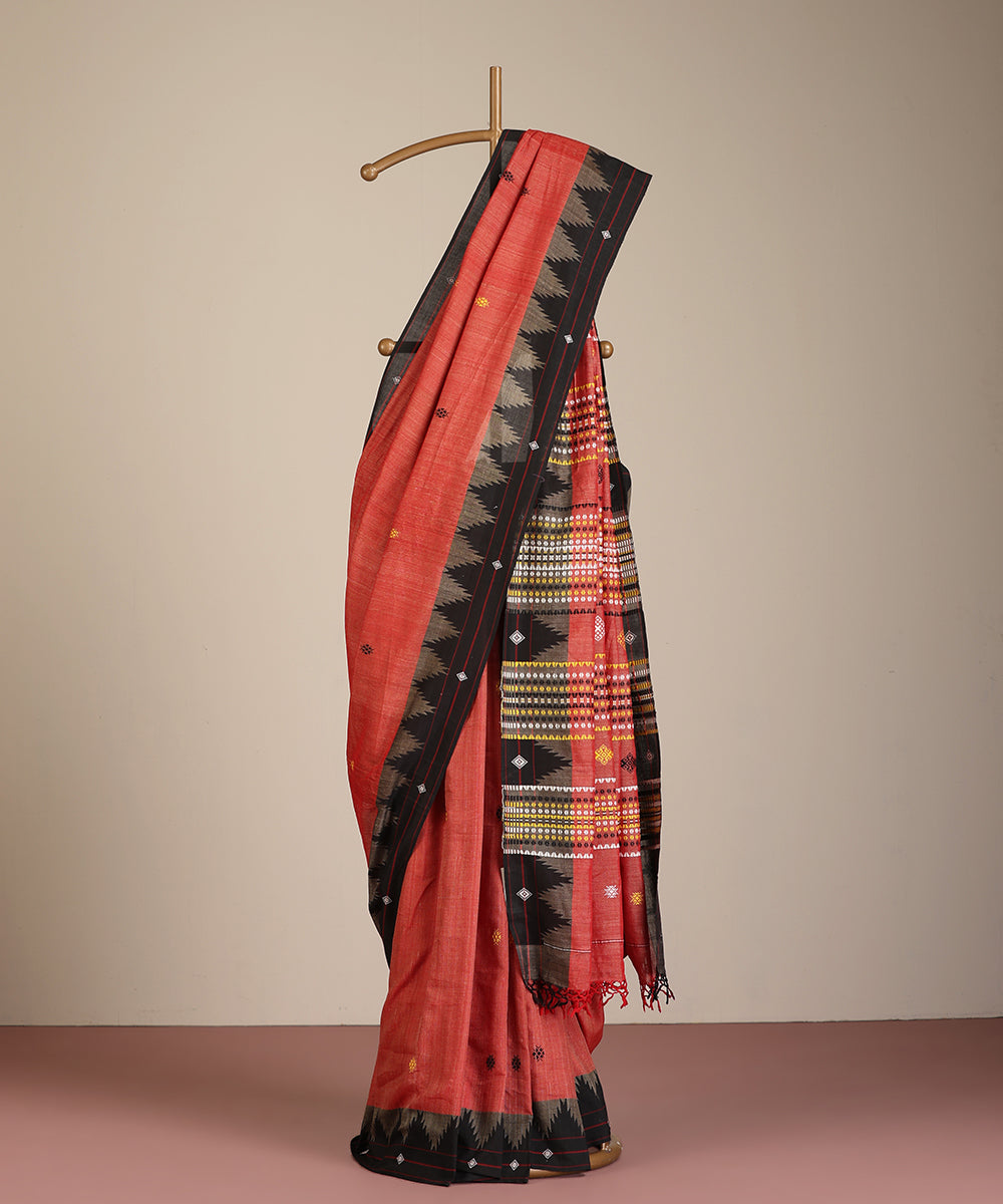 Brick Red Handloom Cotton Tussar Kotpad Ikat Saree With Coloured Motifs Pallu
