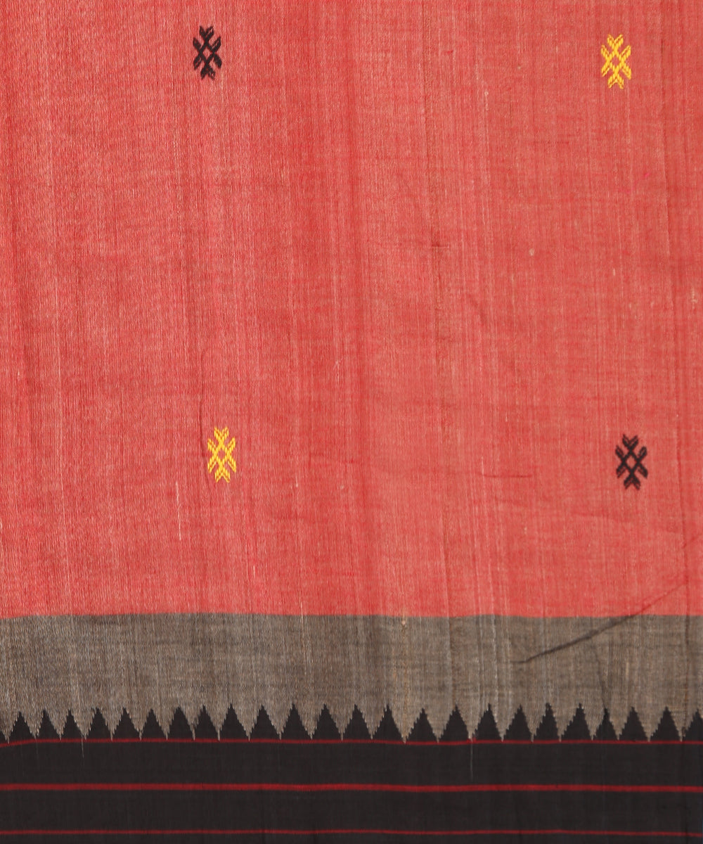 Brick Red Handloom Cotton Tussar Kotpad Ikat Saree With Coloured Motifs Pallu