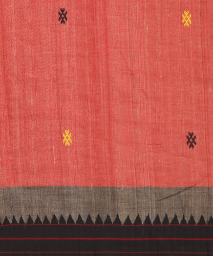 Brick Red Handloom Cotton Tussar Kotpad Ikat Saree With Coloured Motifs Pallu
