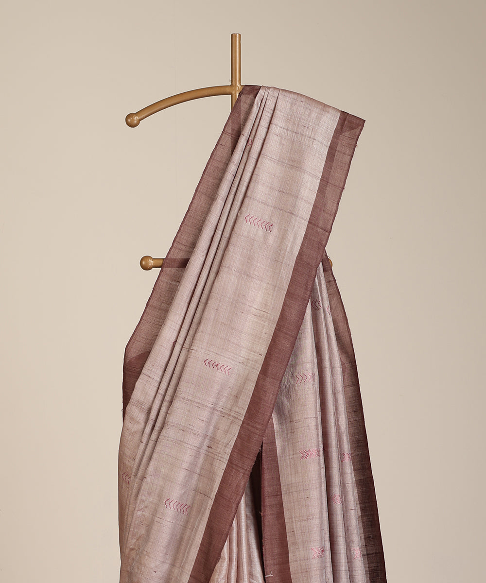 Grey Handloom Tussar Ikat Saree With Chevron Booti Motif