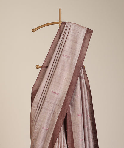 Grey Handloom Tussar Ikat Saree With Chevron Booti Motif