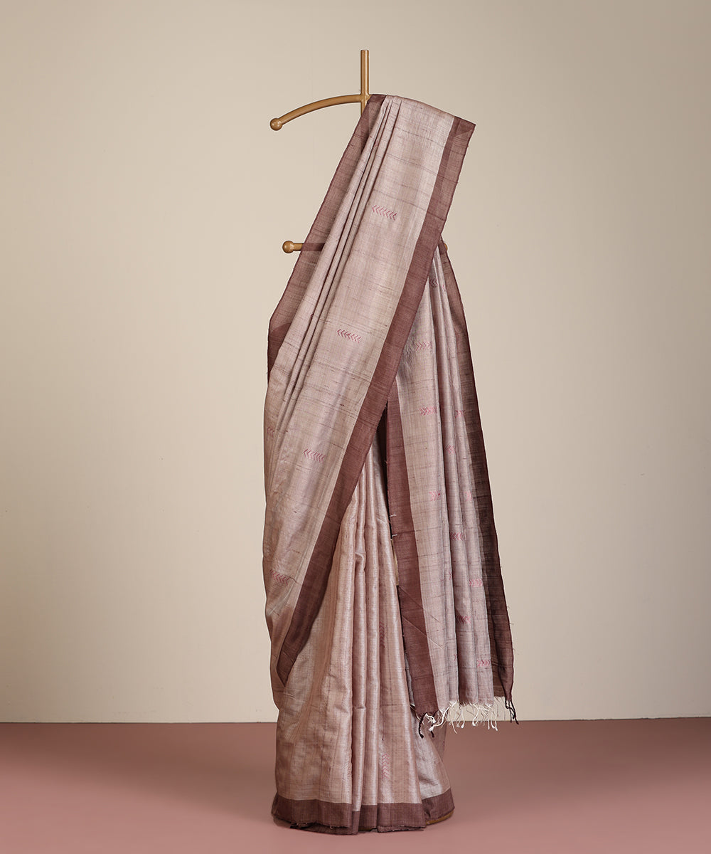 Grey Handloom Tussar Ikat Saree With Chevron Booti Motif
