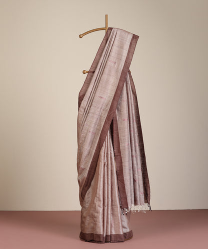 Grey Handloom Tussar Ikat Saree With Chevron Booti Motif