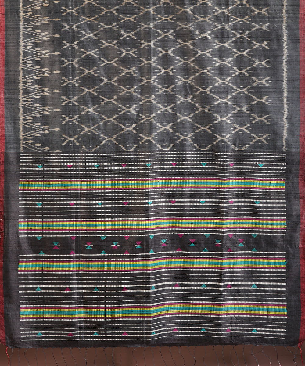 Charcoal-Grey Handloom Bandha Tussar Ikat Saree