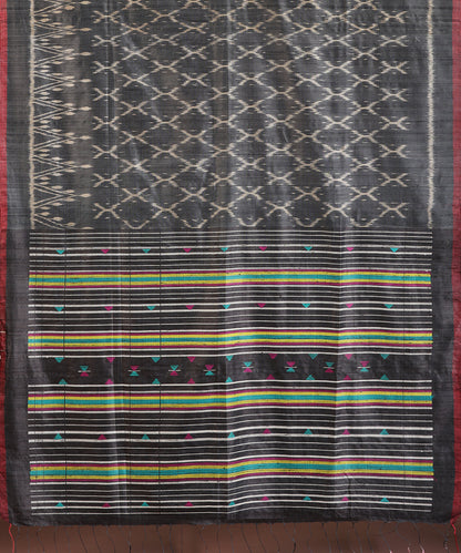 Charcoal-Grey Handloom Bandha Tussar Ikat Saree