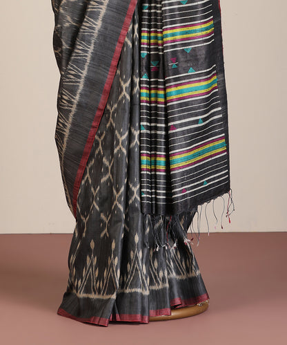 Charcoal-Grey Handloom Bandha Tussar Ikat Saree