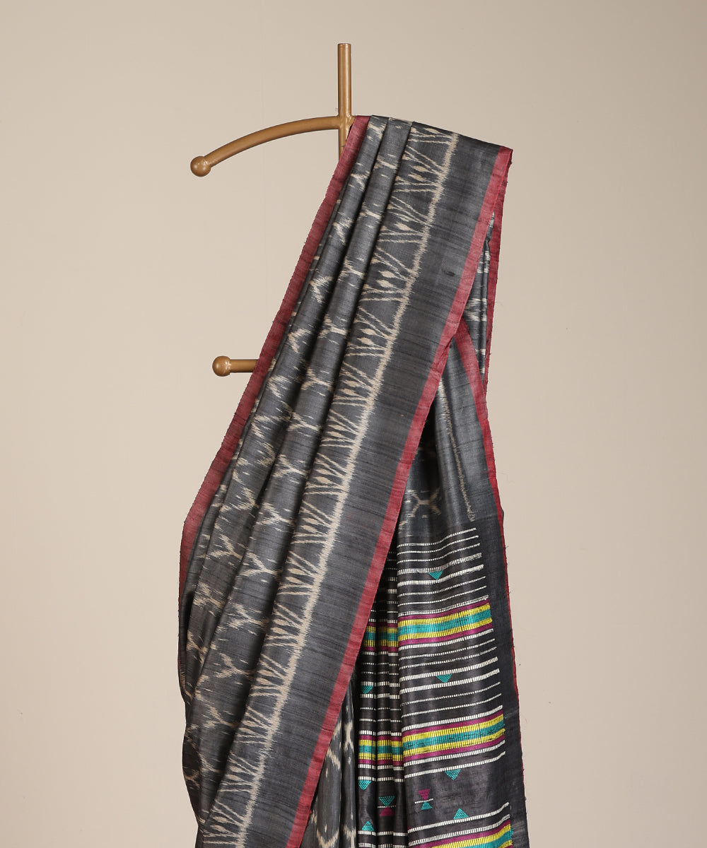 Charcoal-Grey Handloom Bandha Tussar Ikat Saree