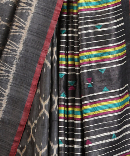 Charcoal-Grey Handloom Bandha Tussar Ikat Saree