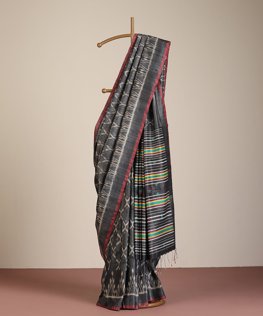 Charcoal-Grey Handloom Bandha Tussar Ikat Saree