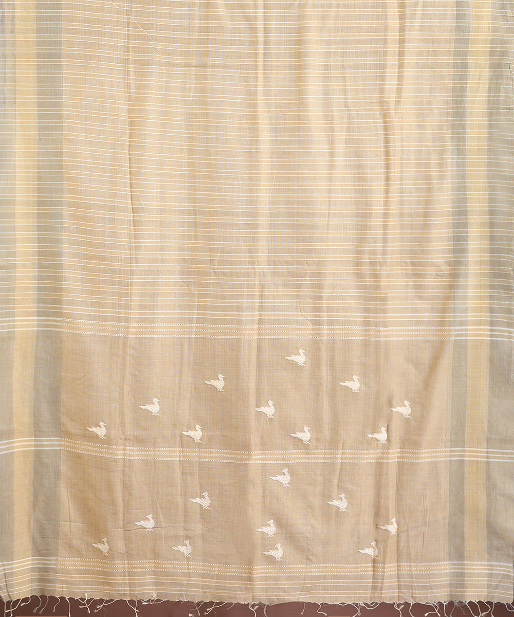 Beige-Grey Handloom Chidiya Motif Tussar Cotton Ikat Saree