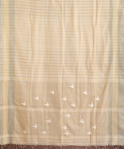 Beige-Grey Handloom Chidiya Motif Tussar Cotton Ikat Saree