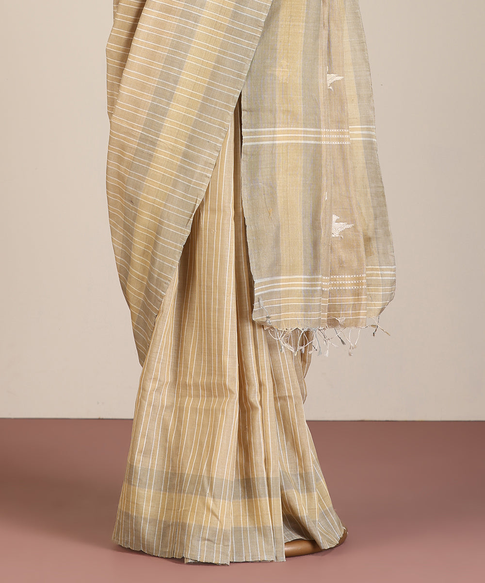 Beige-Grey Handloom Chidiya Motif Tussar Cotton Ikat Saree