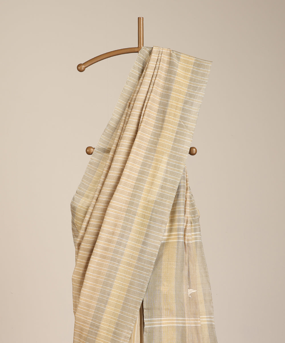 Beige-Grey Handloom Chidiya Motif Tussar Cotton Ikat Saree