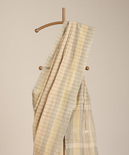 Beige-Grey Handloom Chidiya Motif Tussar Cotton Ikat Saree