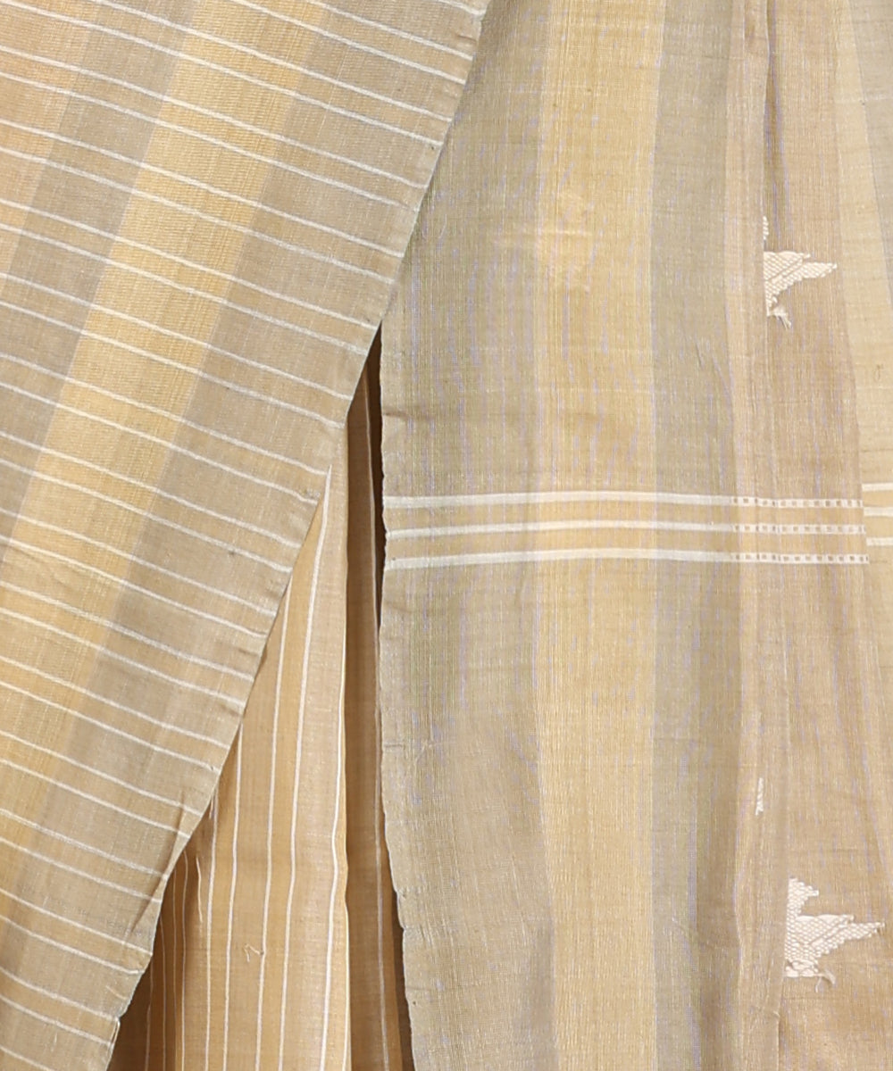 Beige-Grey Handloom Chidiya Motif Tussar Cotton Ikat Saree