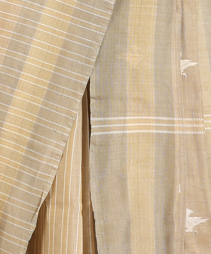 Beige-Grey Handloom Chidiya Motif Tussar Cotton Ikat Saree