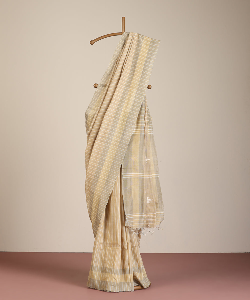 Beige-Grey Handloom Chidiya Motif Tussar Cotton Ikat Saree