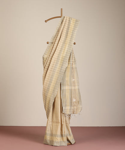 Beige-Grey Handloom Chidiya Motif Tussar Cotton Ikat Saree
