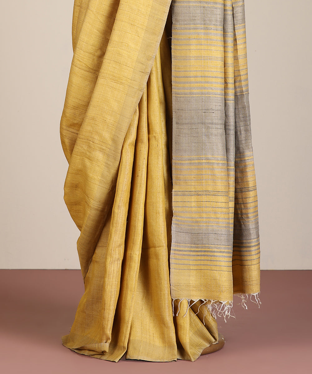 Light Mustard Grey Handloom Tussar Ikat Saree