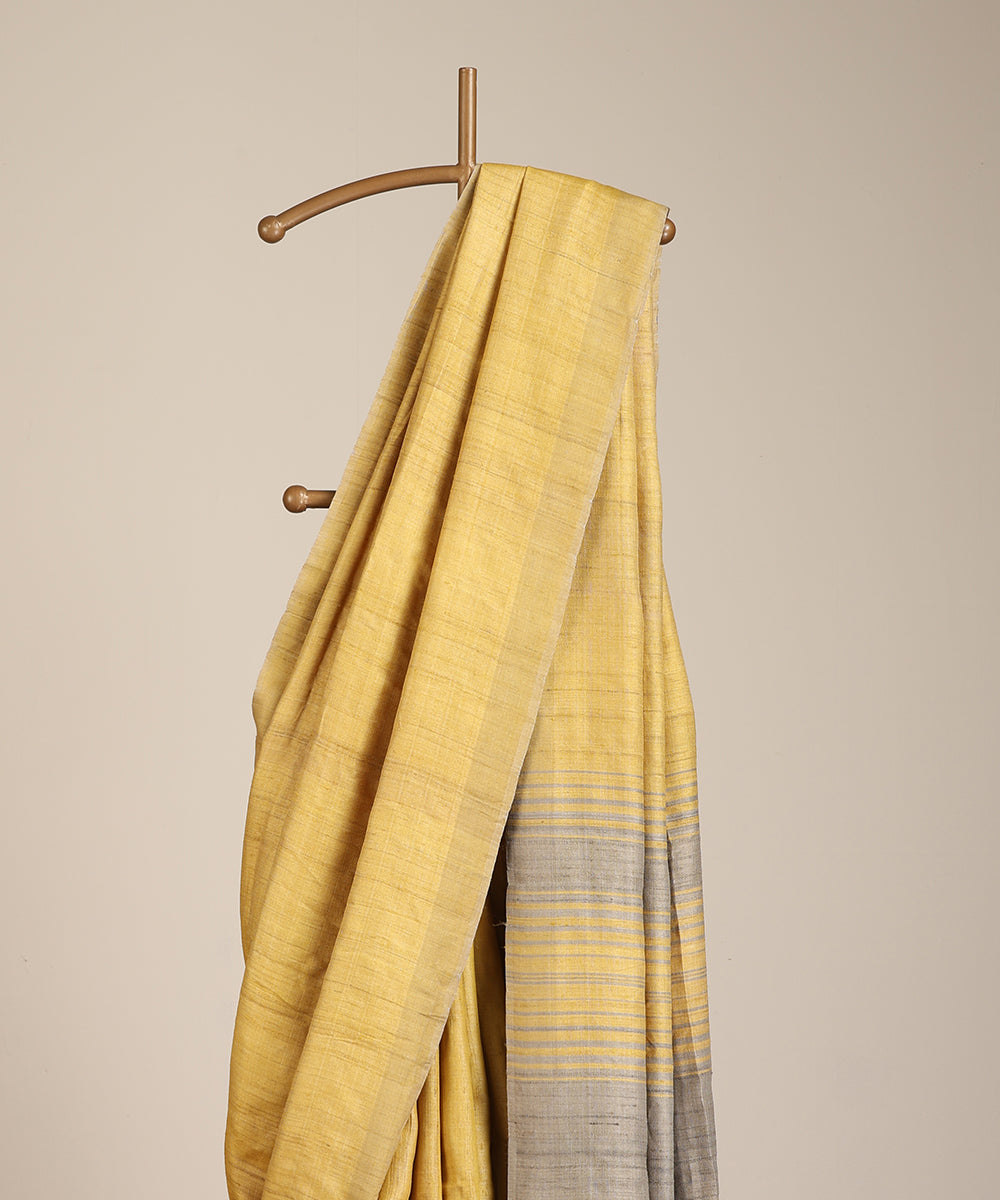Light Mustard Grey Handloom Tussar Ikat Saree