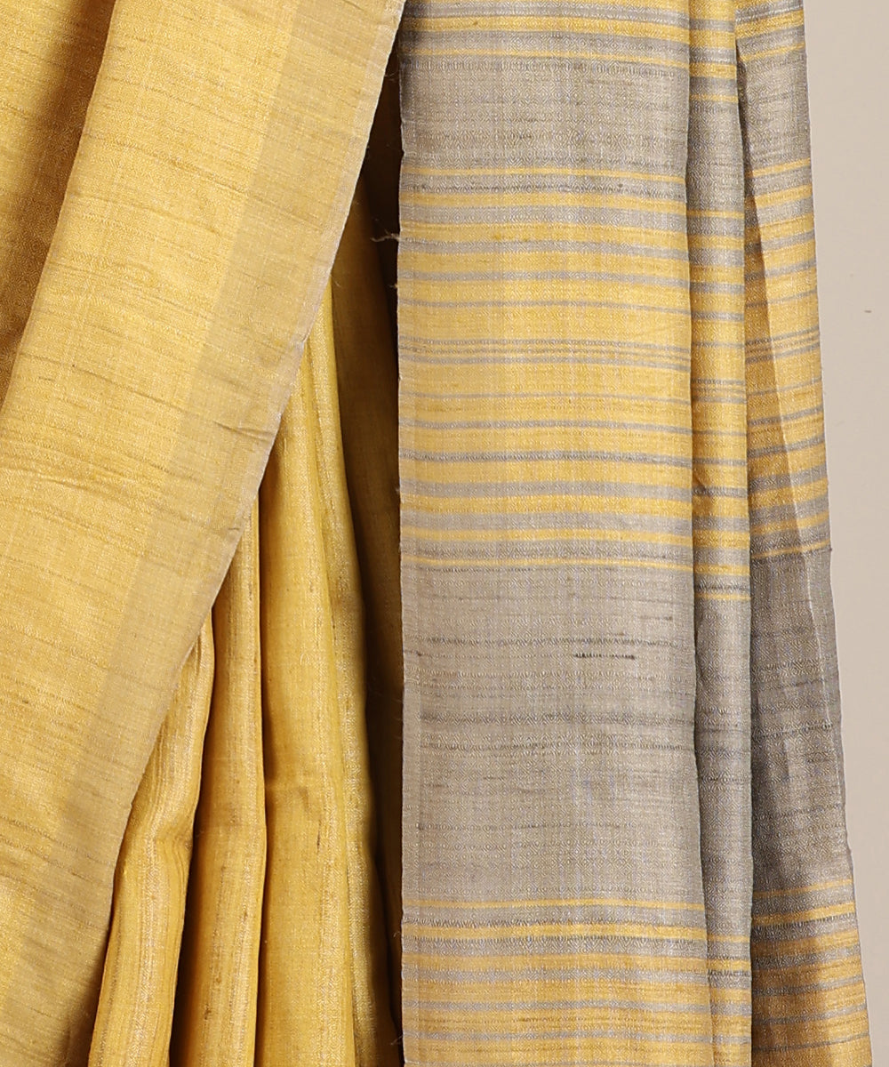 Light Mustard Grey Handloom Tussar Ikat Saree