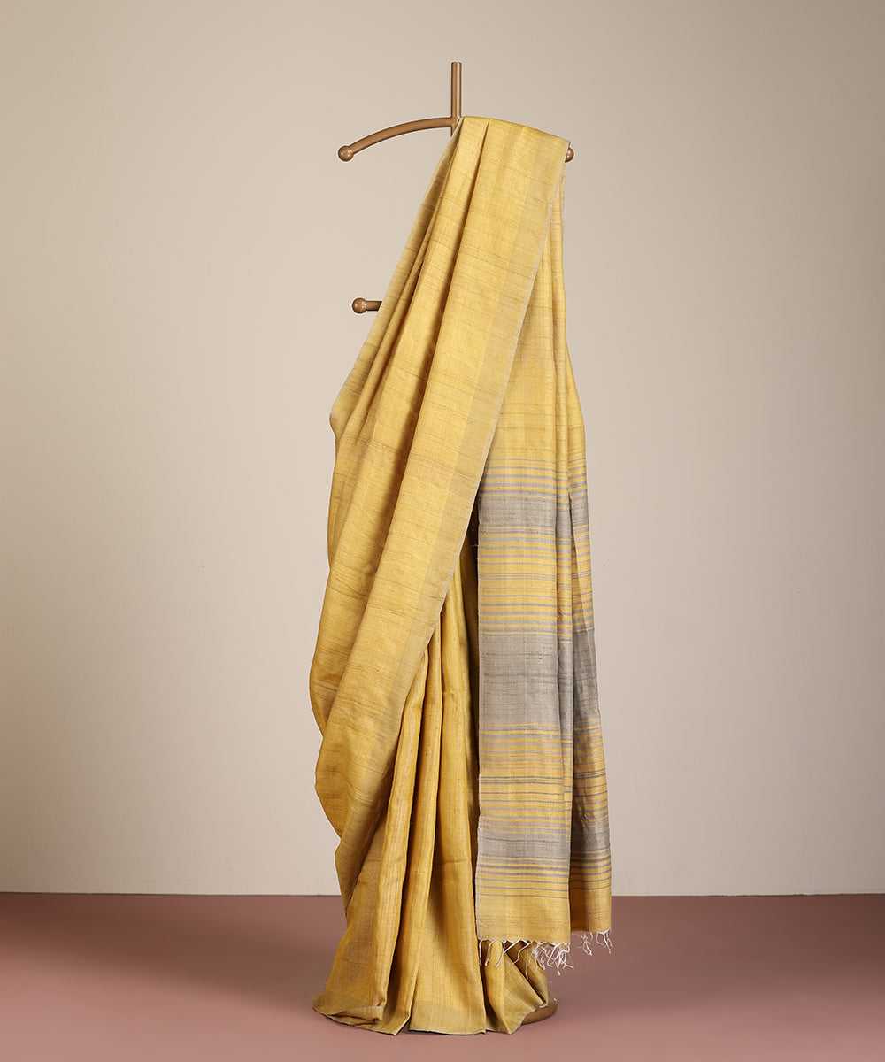 Light Mustard Grey Handloom Tussar Ikat Saree