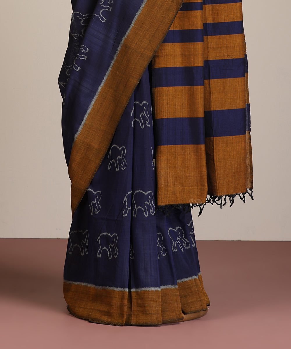 Blue Handloom Cotton Hathi Motif Ikat Saree