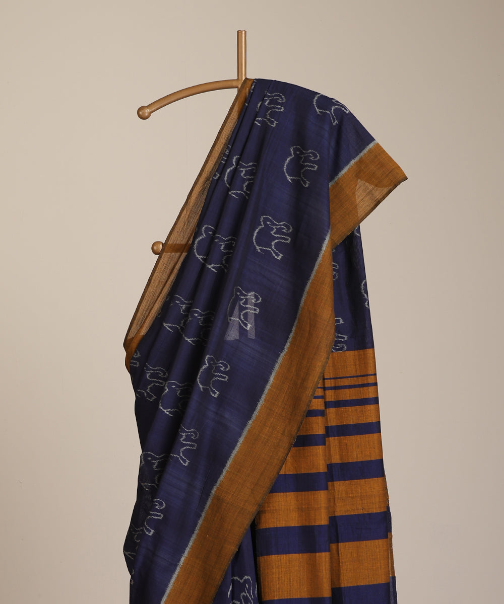 Blue Handloom Cotton Hathi Motif Ikat Saree