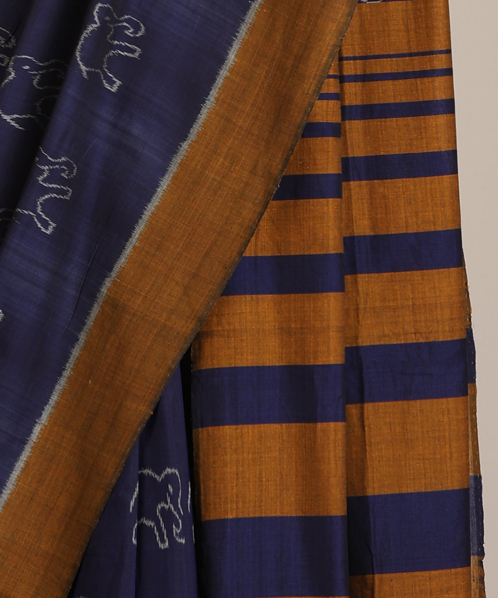 Blue Handloom Cotton Hathi Motif Ikat Saree