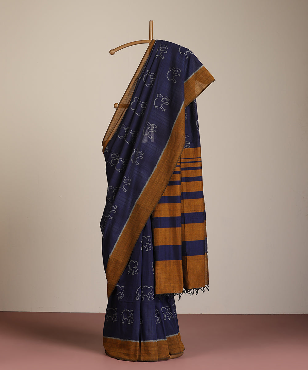 Blue Handloom Cotton Hathi Motif Ikat Saree