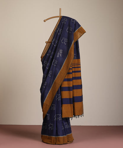 Blue Handloom Cotton Hathi Motif Ikat Saree